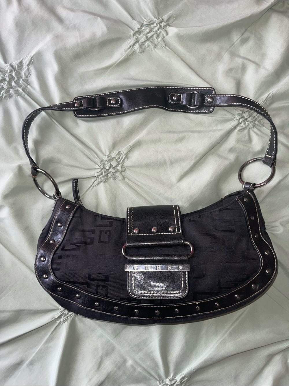 GUESS Black Logo Jacquard Crescent Shoulder Bag